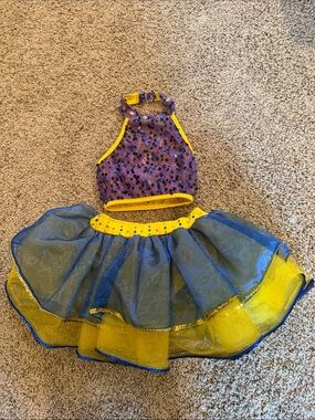 Dance Costume: Blue and Yellow Sequin Halter Top with Yellow Trim and Tutu